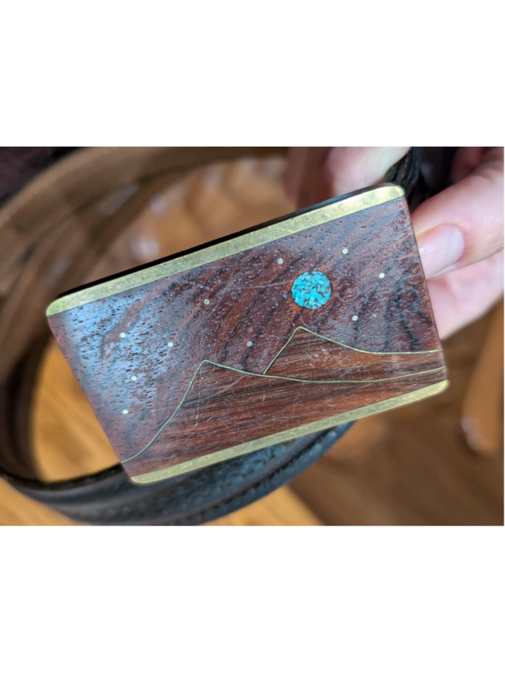Vintage Artisan Leather Belt Wood Brass Buckle Turquoise Inlay Southwestern Boho